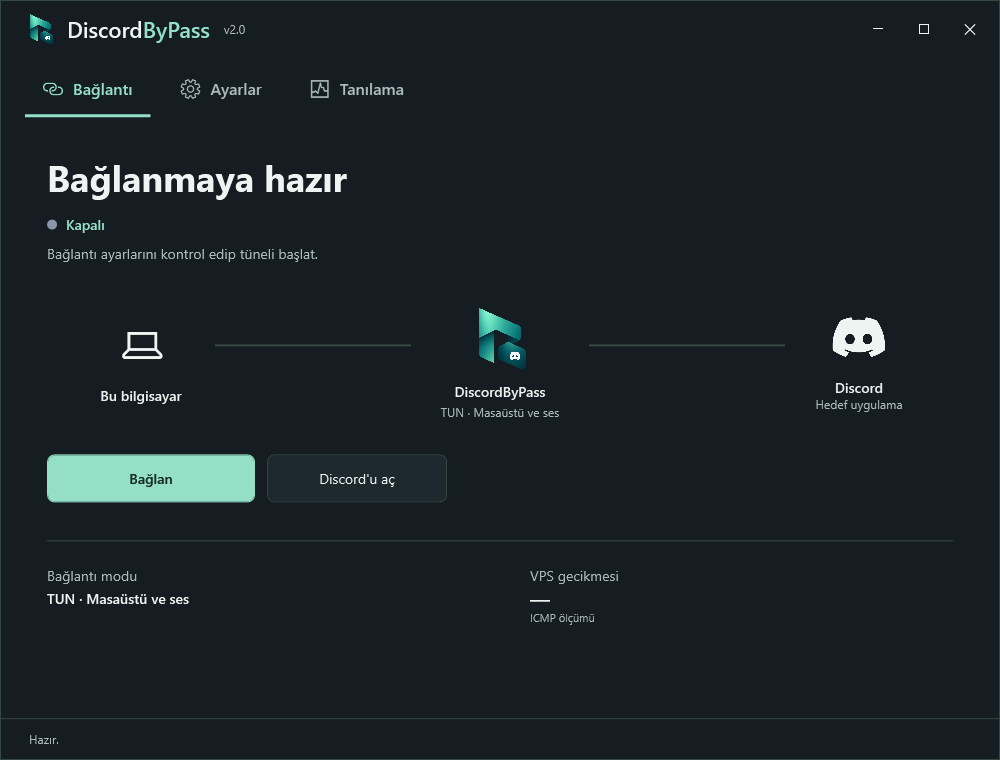 DiscordByPass Windows uygulamasının koyu tema bağlantı ekranı